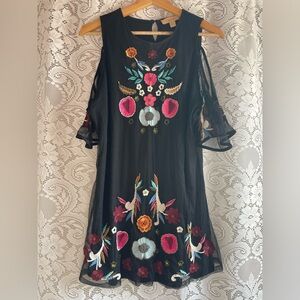 Kyra Bright Floral Embroidered Beaded Black Tunic Top